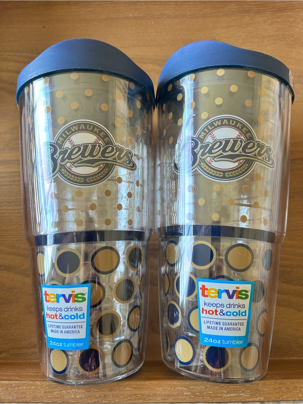 tervis Milwaukee Brewers Gold and Navy Dot 24oz Tumbler Set of 2 With Lids